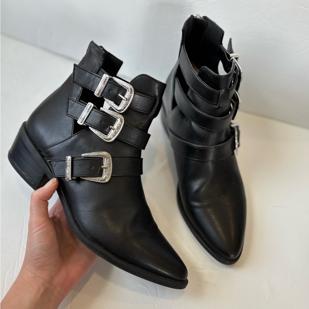Madden Girl Black Booties with Triple Silver Buckles